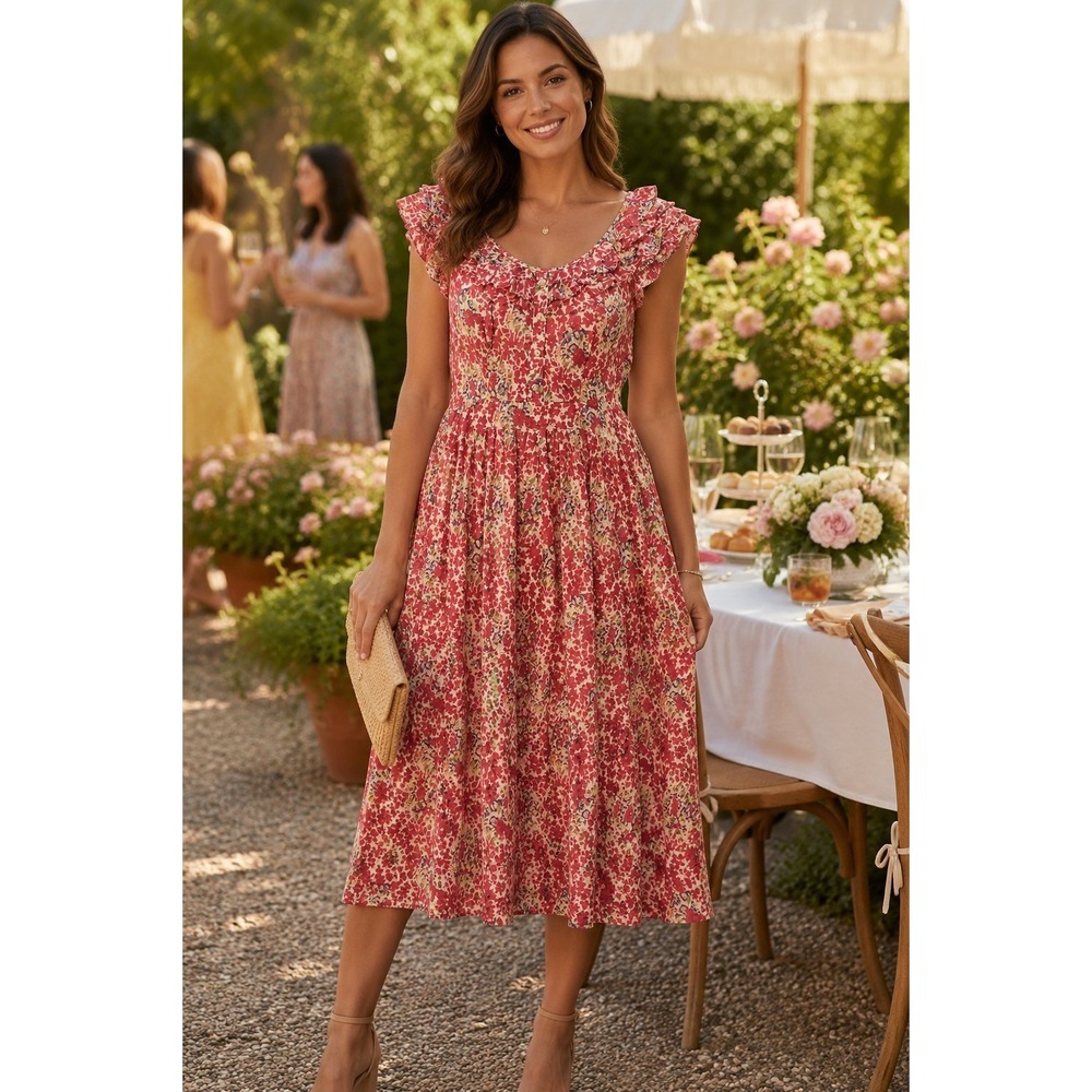 KAY UNGER NY Floral Red Ruffle Neck Cap Sleeve Midi Dress Size 10 -3018